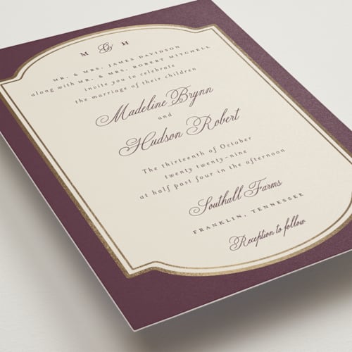 This is a sangria foil stamped wedding invitations with foil pressed by Emily Betts called arch frame printing on signature in standard