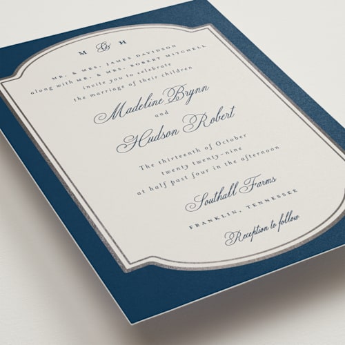 This is a sapphire foil stamped wedding invitations with foil pressed by Emily Betts called arch frame printing on signature in standard