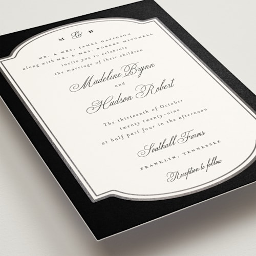 This is a tuxedo foil stamped wedding invitations with foil pressed by Emily Betts called arch frame printing on signature in standard