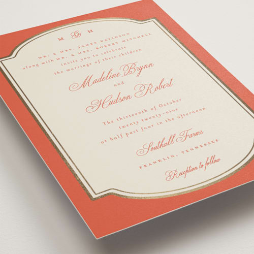This is a sunset foil stamped wedding invitations with foil pressed by Emily Betts called arch frame printing on signature in standard