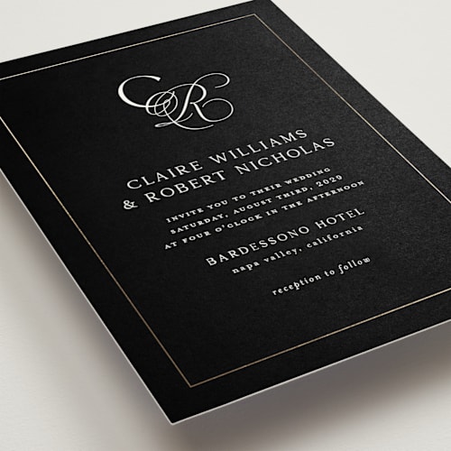 This is a midnight foil stamped wedding invitations with foil pressed by Kelly Schmidt called monogram script printing on signature in standard