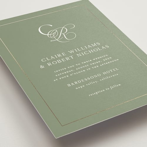 This is a garden foil stamped wedding invitations with foil pressed by Kelly Schmidt called monogram script printing on signature in standard