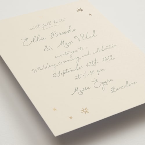 This is a sage foil stamped wedding invitations with foil pressed by Ani Somi called written in the stars printing on signature in standard
