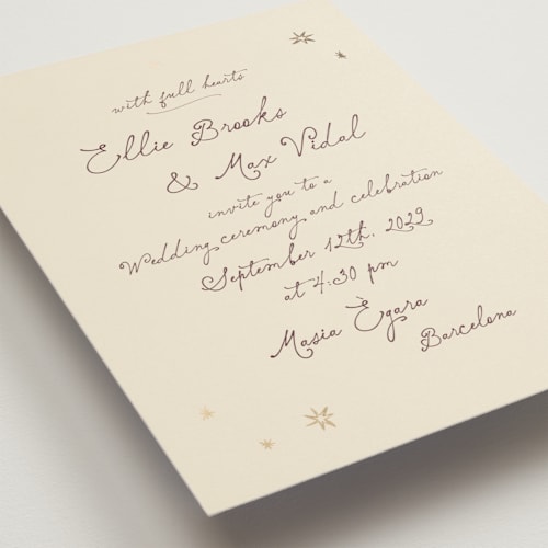 This is a berry plum foil stamped wedding invitations with foil pressed by Ani Somi called written in the stars printing on signature in standard