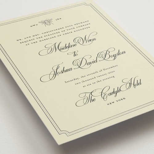 This is a cream foil stamped wedding invitations with foil pressed by Jennifer Lew called honeybee printing on signature in standard