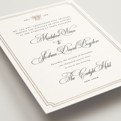 This is a linen foil stamped wedding invitations with foil pressed by Jennifer Lew called honeybee printing on signature in standard