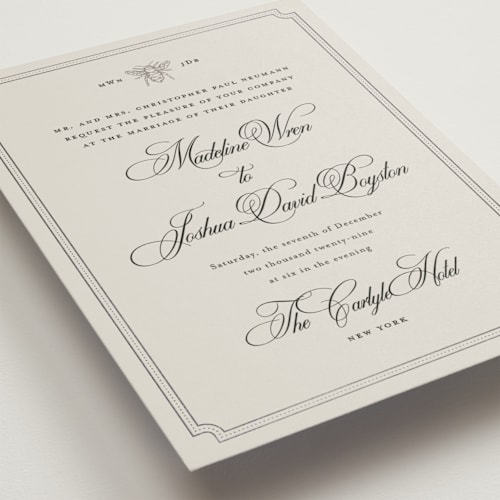 This is a greige foil stamped wedding invitations with foil pressed by Jennifer Lew called honeybee printing on signature in standard