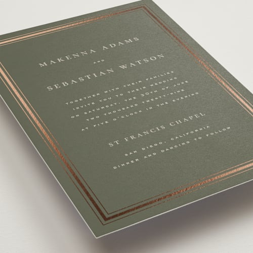 This is a eucalyptos foil stamped wedding invitations with foil pressed by Wildfield Paper Co called hampton printing on signature in standard