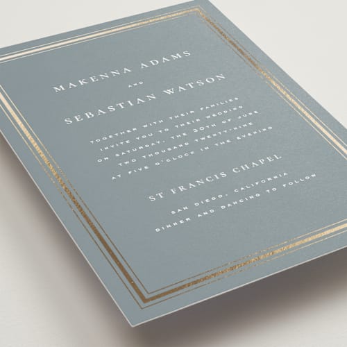 This is a mist foil stamped wedding invitations with foil pressed by Wildfield Paper Co called hampton printing on signature in standard