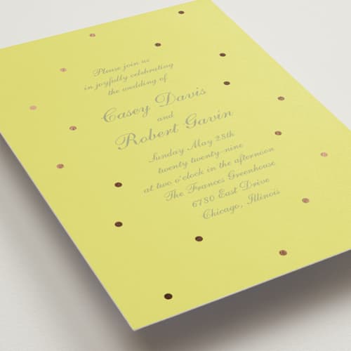 This is a sunshine foil stamped wedding invitations with foil pressed by Baumbirdy called pearls printing on signature in standard