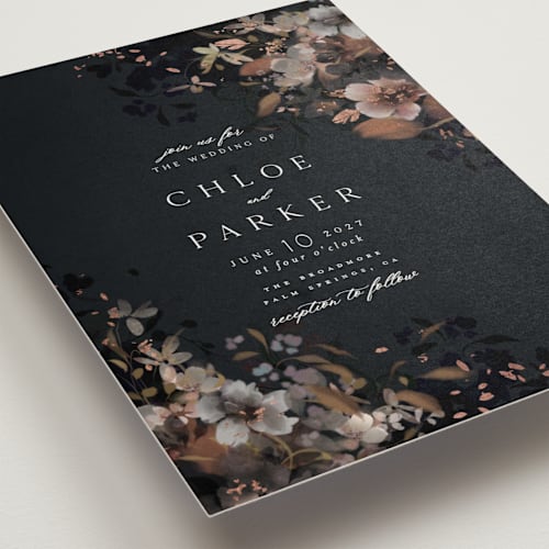 This is a dusty blooms foil stamped wedding invitations with foil pressed by Grace Kreinbrink called vintage rose garden printing on signature in standard