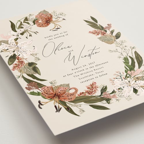 This is a terracotta foil stamped wedding invitations with foil pressed by Susan Moyal called delicate printing on signature in standard