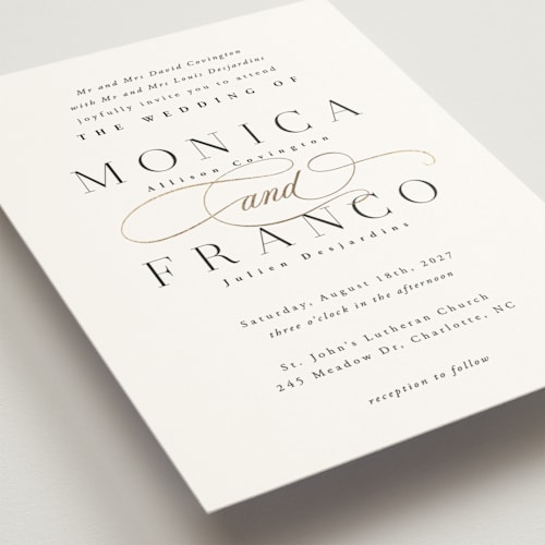 This is a cloud foil stamped wedding invitations with foil pressed by Hooray Creative called and centered printing on signature in standard