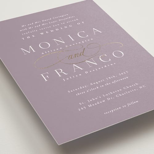 This is a orchid foil stamped wedding invitations with foil pressed by Hooray Creative called and centered printing on signature in standard