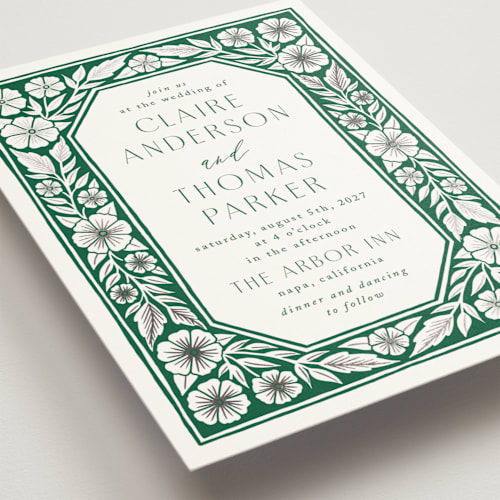 This is a jungle foil stamped wedding invitations with foil pressed by Katharine Watson called inlay frame printing on signature in standard
