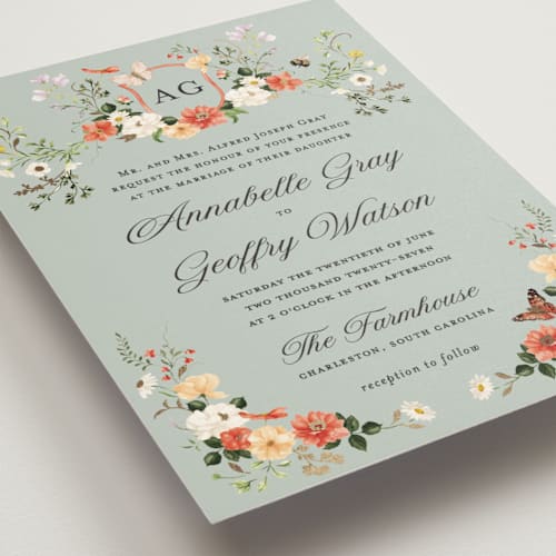 This is a mist foil stamped wedding invitations with foil pressed by Sarah Knight called fleur printing on signature in standard