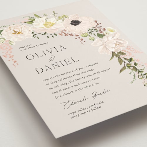 This is a mist foil stamped wedding invitations with foil pressed by Susan Moyal called timeless blooms printing on signature in standard