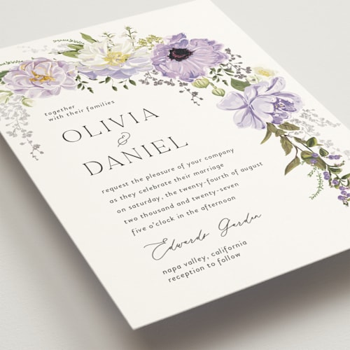 This is a wisteria foil stamped wedding invitations with foil pressed by Susan Moyal called timeless blooms printing on signature in standard