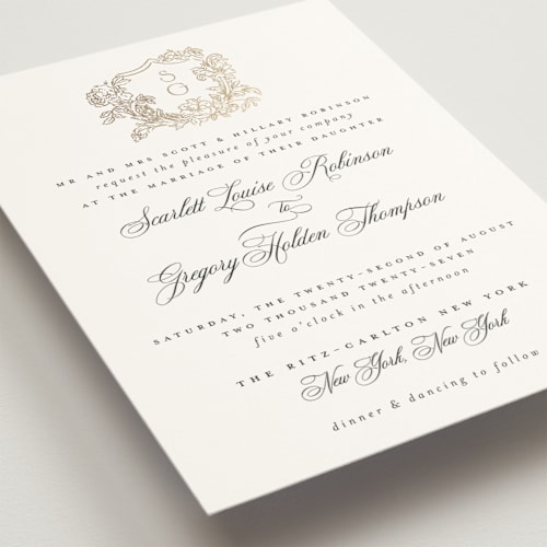 This is a pearl foil stamped wedding invitations with foil pressed by Jenna Holcomb called rococo printing on signature in standard