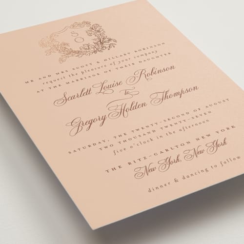 This is a peach foil stamped wedding invitations with foil pressed by Jenna Holcomb called rococo printing on signature in standard