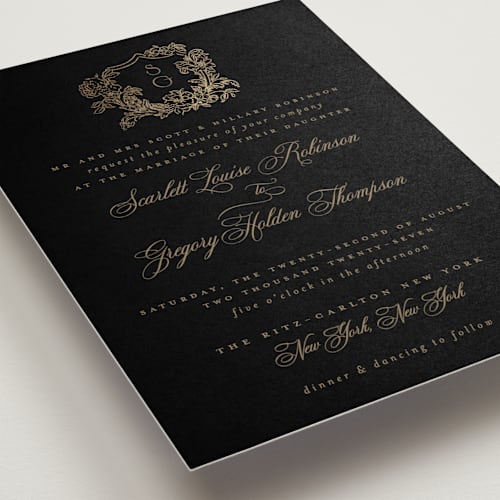 This is a noir foil stamped wedding invitations with foil pressed by Jenna Holcomb called rococo printing on signature in standard