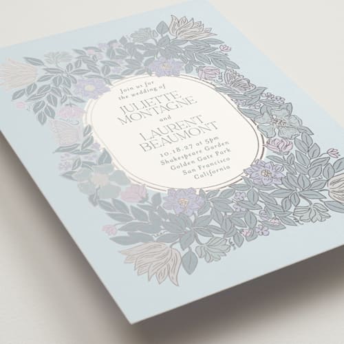 This is a icy mist foil stamped wedding invitations with foil pressed by Simona Camp called tropical garden printing on signature in standard