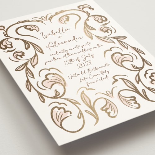 This is a blush foil stamped wedding invitations with foil pressed by Ani Somi called bella bellissima printing on signature in standard