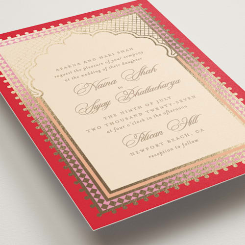 This is a sindoor foil stamped wedding invitations with foil pressed by Creo Study called mandapam printing on signature in standard