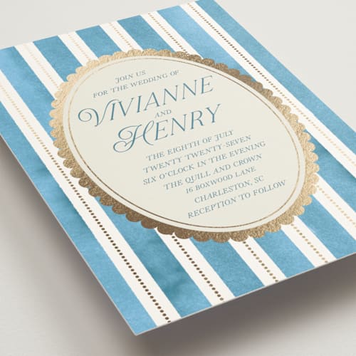 This is a sky foil stamped wedding invitations with foil pressed by Jackie Crawford called knightsbridge printing on signature in standard