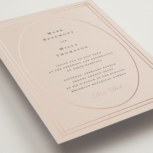 This is a rose foil stamped wedding invitations with foil pressed by Ani Somi called champagne printing on signature in standard
