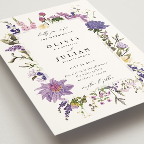 This is a wisteria foil stamped wedding invitations with foil pressed by Susan Moyal called lush printing on signature in standard