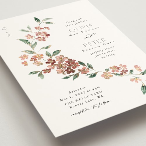 This is a dusty rose foil stamped wedding invitations with foil pressed by Itsy Belle Studio called sweeping vine printing on signature in standard