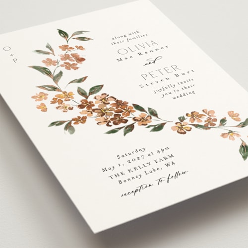 This is a terracotta foil stamped wedding invitations with foil pressed by Itsy Belle Studio called sweeping vine printing on signature in standard