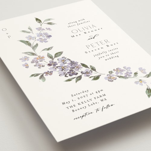 This is a periwinkle foil stamped wedding invitations with foil pressed by Itsy Belle Studio called sweeping vine printing on signature in standard