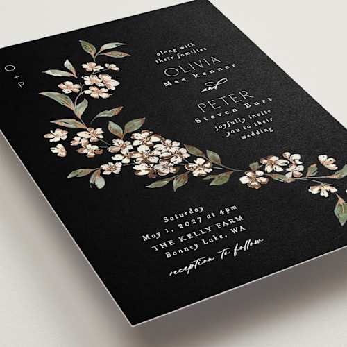 This is a charcoal foil stamped wedding invitations with foil pressed by Itsy Belle Studio called sweeping vine printing on signature in standard