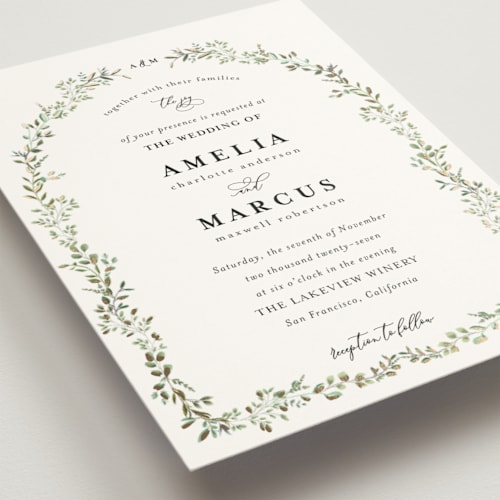 This is a mojito foil stamped wedding invitations with foil pressed by Susan Moyal called monogramed arch printing on signature in standard