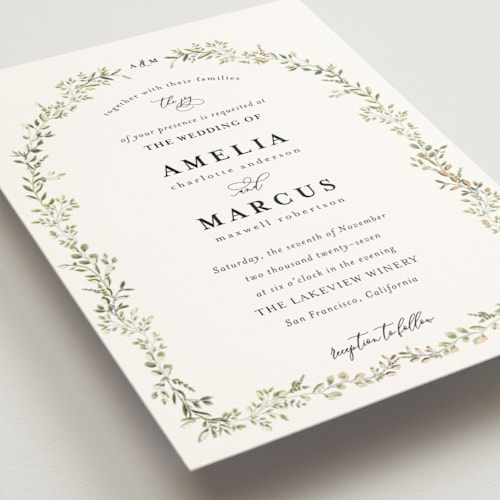This is a sage foil stamped wedding invitations with foil pressed by Susan Moyal called monogramed arch printing on signature in standard