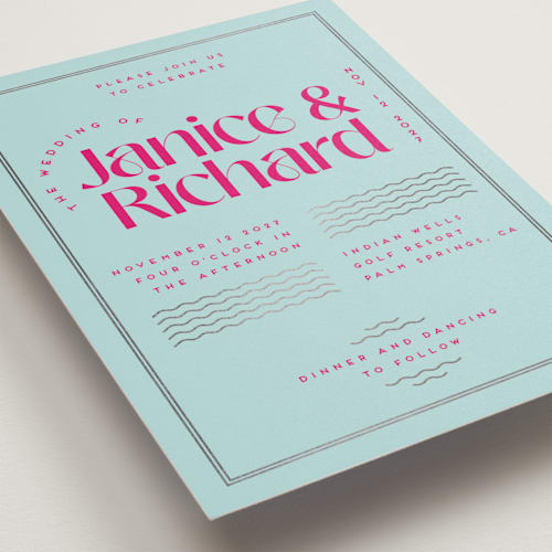 This is a dragon fruit foil stamped wedding invitations with foil pressed by Claudia Orengo called news! printing on signature in standard