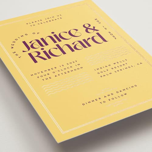 This is a fig foil stamped wedding invitations with foil pressed by Claudia Orengo called news! printing on signature in standard