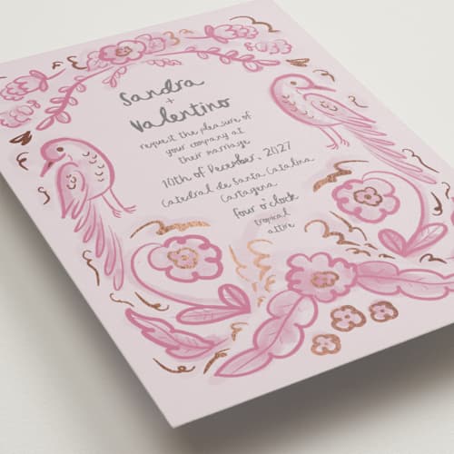 This is a berry pink foil stamped wedding invitations with foil pressed by Ani Somi called santa catalina printing on signature in standard