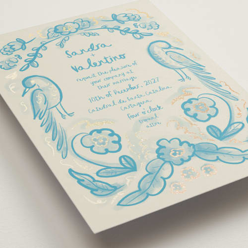 This is a cream blue foil stamped wedding invitations with foil pressed by Ani Somi called santa catalina printing on signature in standard