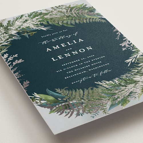 This is a frost foil stamped wedding invitations with foil pressed by Susan Moyal called fresh vines printing on signature in standard