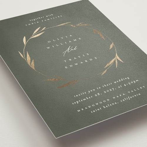 This is a moss foil stamped wedding invitations with foil pressed by Kelly Schmidt called minimal circle printing on signature in standard