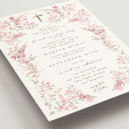 This is a spring foil stamped wedding invitations with foil pressed by Phrosné Barwood called meadow cross printing on signature in standard