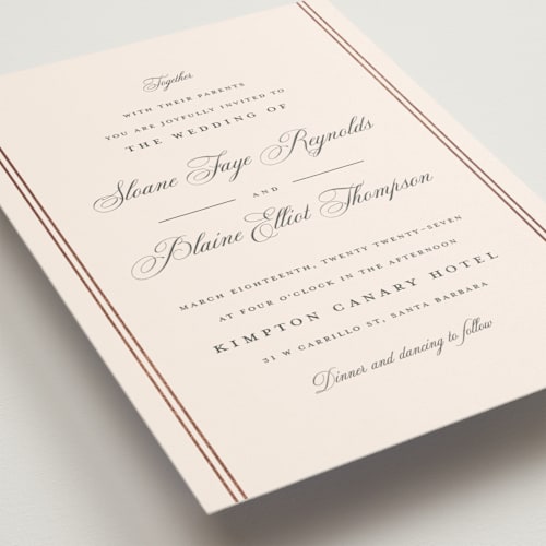 This is a champagne foil stamped wedding invitations with foil pressed by Carolyn MacLaren called scripted striped printing on signature in standard