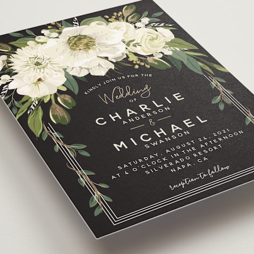 This is a ivory foil stamped wedding invitations with foil pressed by Susan Moyal called garden blooms printing on signature in standard