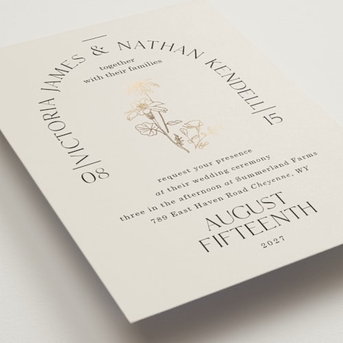 This is a linen foil stamped wedding invitations with foil pressed by Baumbirdy called floral type arch printing on signature in standard