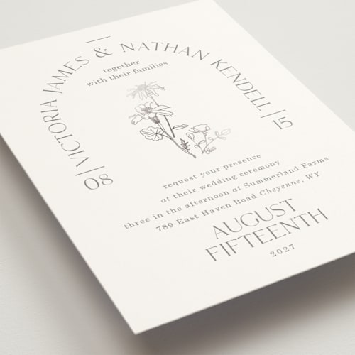 This is a charcoal foil stamped wedding invitations with foil pressed by Baumbirdy called floral type arch printing on signature in standard