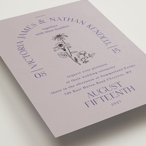This is a wisteria foil stamped wedding invitations with foil pressed by Baumbirdy called floral type arch printing on signature in standard