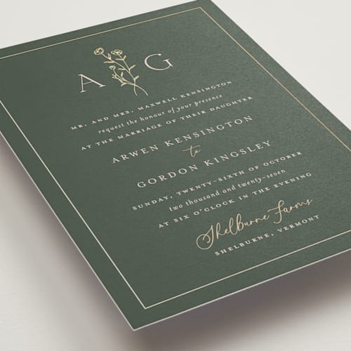 This is a juniper foil stamped wedding invitations with foil pressed by chocomocacino called kouignette printing on signature in standard